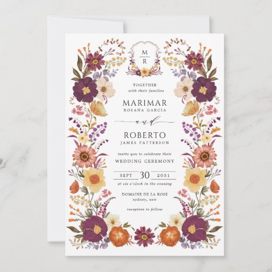 Moody Handpainted Florals Wedding Monogram Crest Kaart (Voorkant)