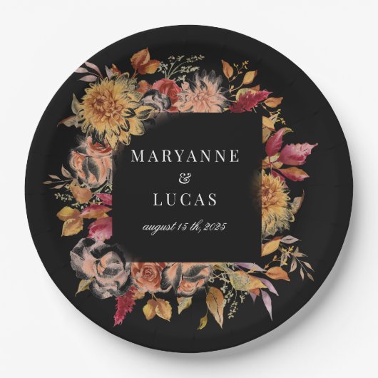 Moody herfst bloemenmonogram papieren bordje (Voorkant)