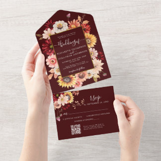 Moody Herfst Bourgondië Floral Gold QR RSVP Weddin All In One Uitnodiging