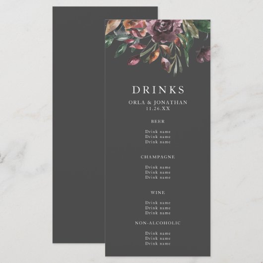 Moody Herfst Floral Burst Wedding Drinken Menu (Voorkant / Achterkant)