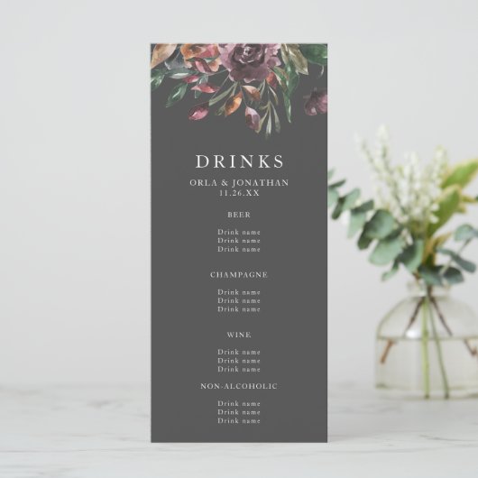 Moody Herfst Floral Burst Wedding Drinken Menu (Staand voorkant)