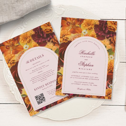 Moody Herfst Floral QR Code Alles in een bruiloft Kaart