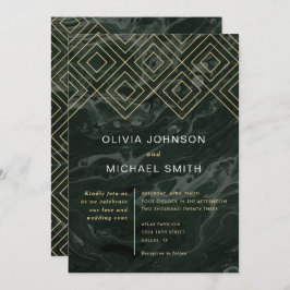 Moody Hues Emerald Green Marble Wedding Invitation Kaart