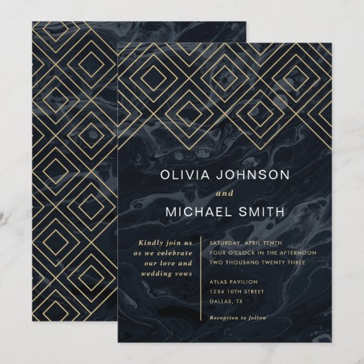 Moody Hues Midnight Blue Marble Wedding Invitation Kaart (Voorkant / Achterkant)
