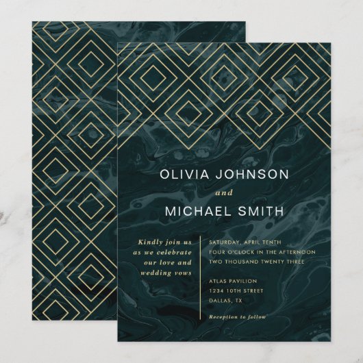 Moody Hues Turquoise Marble Wedding Invitation Kaart (Voorkant / Achterkant)