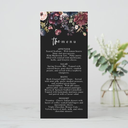 Moody huwelijksmenu, zwart menu, Waterverf Bloemen Menu (Staand voorkant)