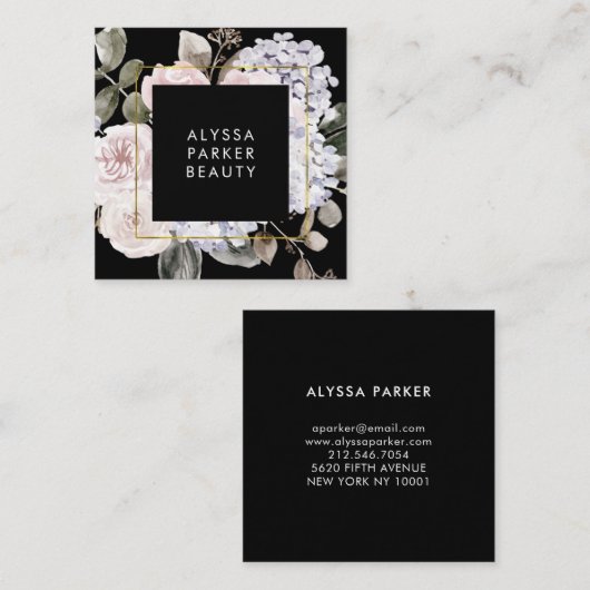 Moody Hydrangea | Waterverf Floral op zwart Vierkante Visitekaartje (Voorkant / Achterkant)