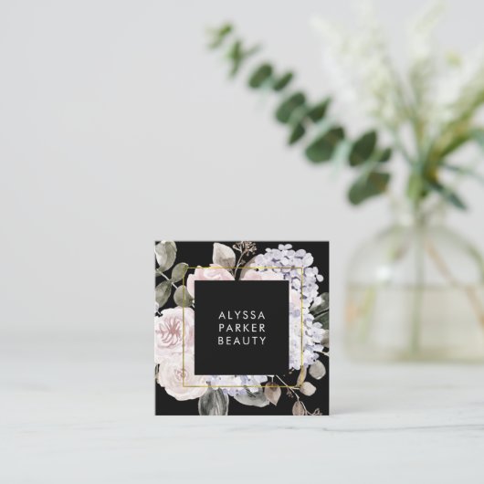 Moody Hydrangea | Waterverf Floral op zwart Vierkante Visitekaartje (Staand voorkant)