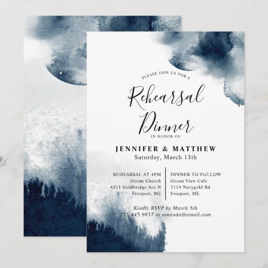 Moody Indigo Blue Waterverf Rehearsal Dinner Kaart (Voorkant / Achterkant)