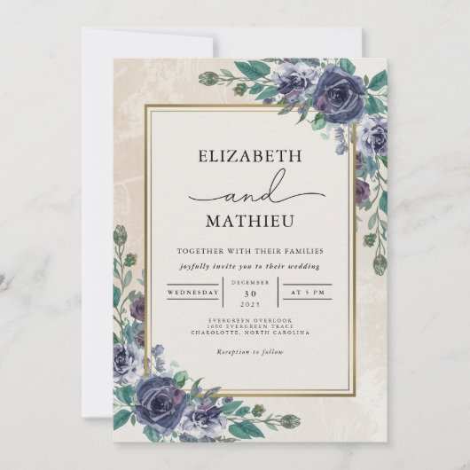 Moody Indigo Floral Border Wedding Kaart (Voorkant)