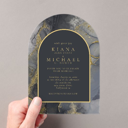 Moody Ink Charcoal Gold Abstract Arch ID988 Acryl Uitnodigingen (Insitu (Draagbaar))