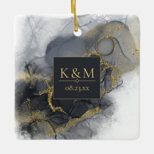Moody Ink Charcoal Gold Abstract Blk ID988 Keramisch Ornament (Voorkant)