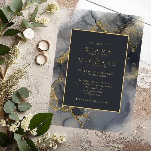 Moody Ink Charcoal Gold Abstract ID988 Acryl Uitnodigingen