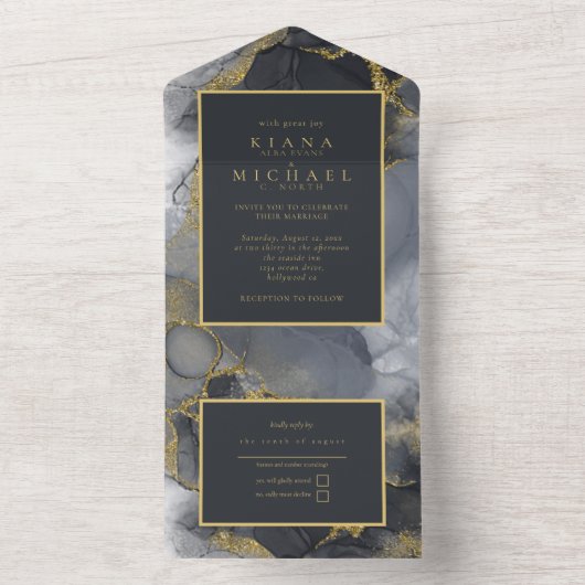 Moody Ink Charcoal Gold Abstract ID988 All In One Uitnodiging (Binnen)