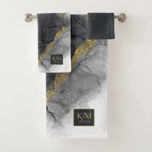 Moody Ink Charcoal Gold Abstract ID988 Bad Handdoek