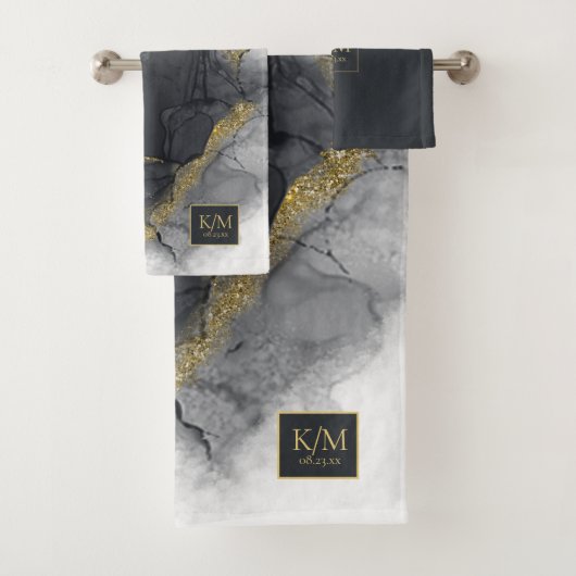 Moody Ink Charcoal Gold Abstract ID988 Bad Handdoek (Insitu)