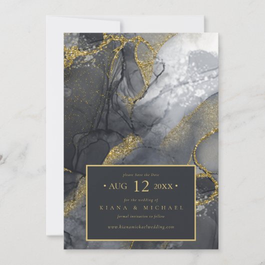 Moody Ink Charcoal Gold Abstract ID988 Save The Date (Voorkant)
