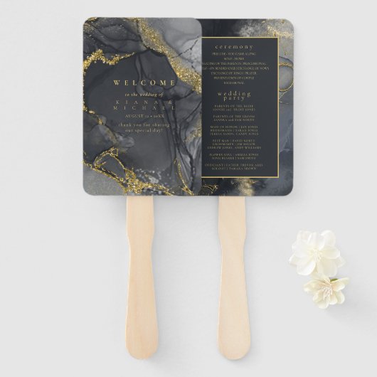 Moody Ink Charcoal Gold Abstract Programma ID988 Handwaaier (Voorkant en achterkant)