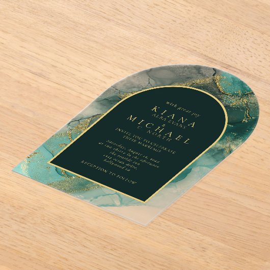 Moody Ink Emerald Gold Abstract Arch ID988 Acryl Uitnodigingen (Laagn)