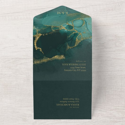 Moody Ink Emerald Gold Abstract ID988 All In One Uitnodiging (Buitenkant)