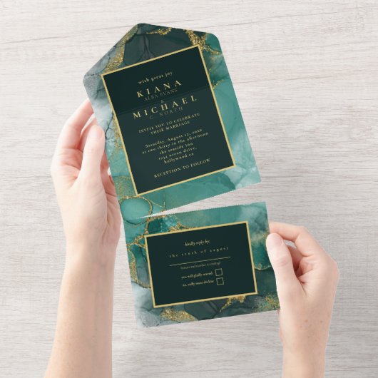 Moody Ink Emerald Gold Abstract ID988 All In One Uitnodiging (Afscheurbaar)