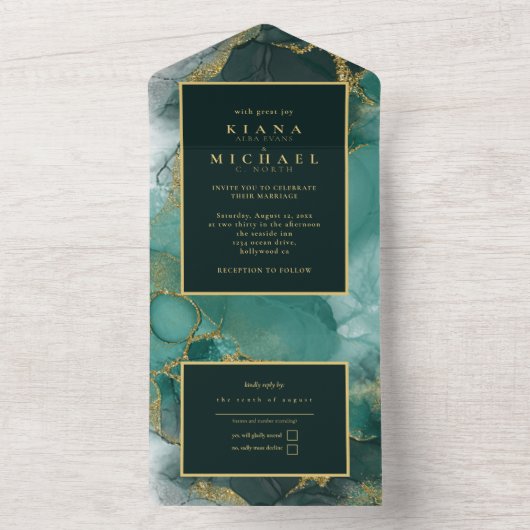 Moody Ink Emerald Gold Abstract ID988 All In One Uitnodiging (Binnen)