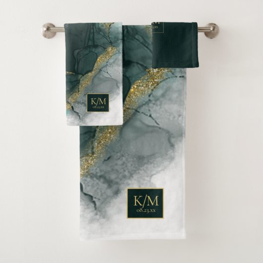 Moody Ink Emerald Gold Abstract ID988 Bad Handdoek (Insitu)