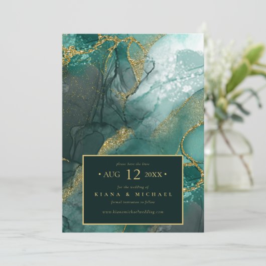 Moody Ink Emerald Gold Abstract ID988 Save The Date (Staand voorkant)