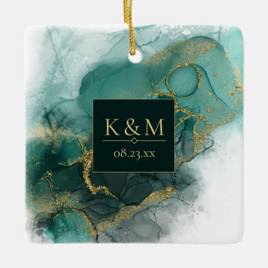 Moody Ink Emerald Goud Abstract Blk ID988 Keramisch Ornament (Voorkant)