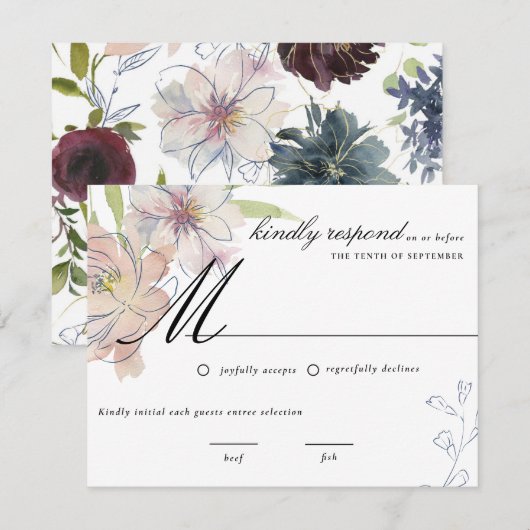 Moody Jewel Tone Bloemen Bruiloft RSVP Kaart (Voorkant / Achterkant)