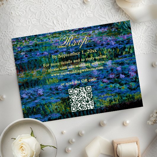 Moody Jewel Tone Water Lilies Wedding Website QR RSVP Kaartje