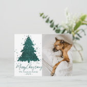 Moody kerstboom | Dark Midnight Blauwgroen Script Feestdagenkaart (Staand voorkant)