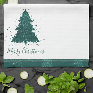 Moody kerstboom Dark Midnight Blauwgroen Script Theedoek