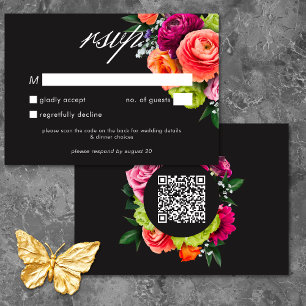 Moody Luxe Bloemrijke Fel Roze Zwarte Trouw QR RSVP Kaartje