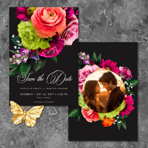 Moody Luxe Bloemrijke Levendige Roze Zwarte Foto B Save The Date