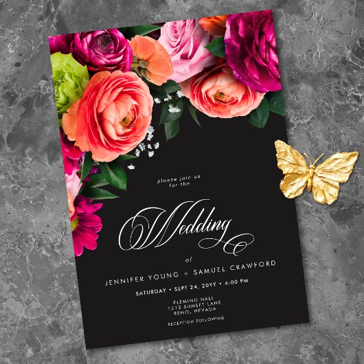 Moody Luxe Floral Vibrant Pink Black Wedding Kaart