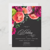 Moody Luxe Floral Vibrant Pink Black Wedding Kaart (Voorkant)