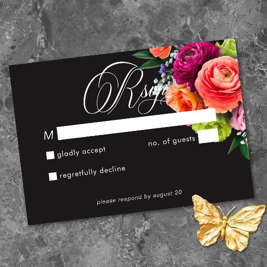 Moody Luxe Floral Vibrant Pink Black Wedding RSVP Kaartje
