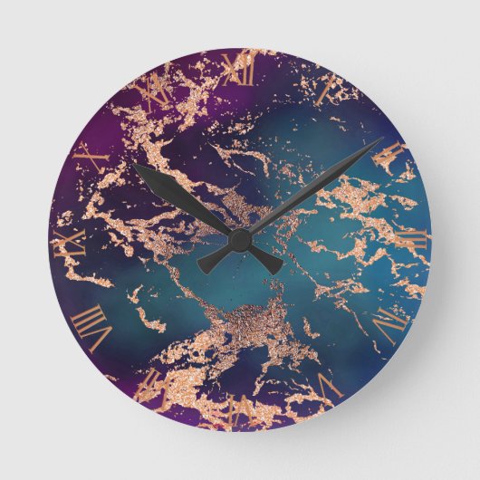 Moody Luxe Marble | Deep Paarse en Blauwgroen Roos Ronde Klok (Voorkant)
