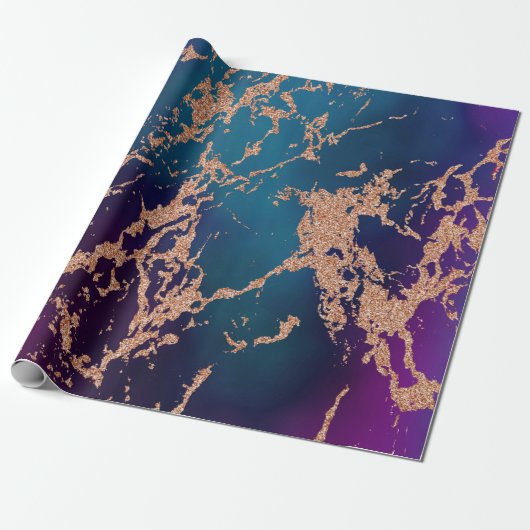 Moody Luxe Marmer | Diep Paars en Teal Roze Goud Cadeaupapier (Uitgerold)