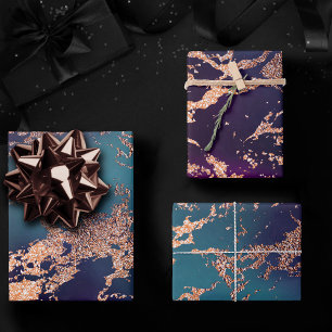Moody Luxe Marmer   Diep Paars en Teal Roze Goud Inpakpapier Vel