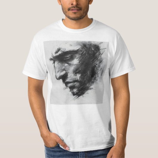 Moody Man's Gezicht Houtskool Schets T-shirt (Voorkant)