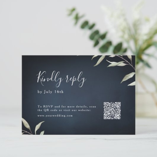 Moody marine minimale groen bruiloft QR-code RSVP Kaartje (Staand voorkant)