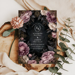 Moody Mauve Peony & Black Gothic Wedding Kaart