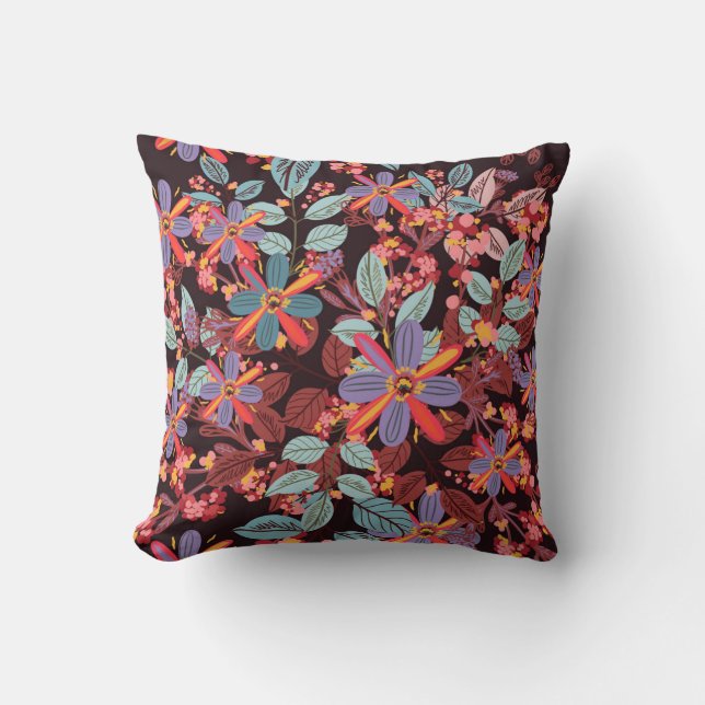 Moody Midnight Floral Folk Art Pattern Pillow Kussen (Voorkant)