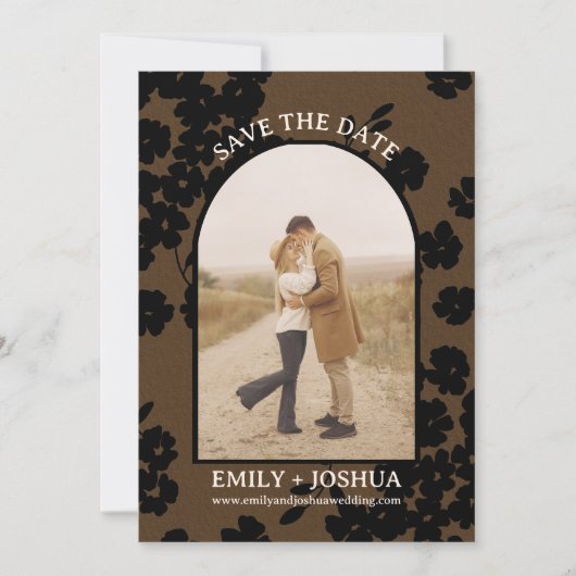 Moody Modern Floral Flat Save The Date Kaart Bruin (Voorkant)