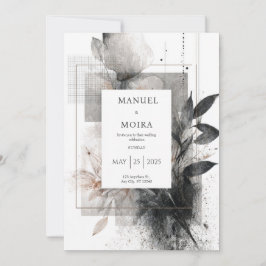 Moody Monochrome Abstracte Bloemen Wedding Kaart