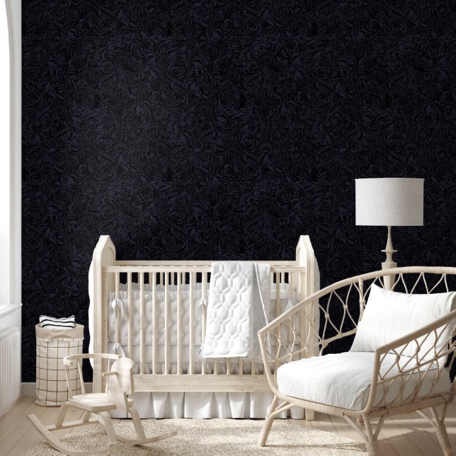 Moody Monochrome Diep Navy Blauw Bloemen Patroon Behang (Kinderen)