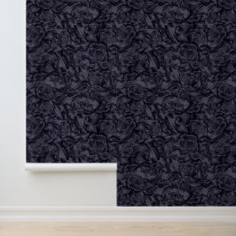 Moody Monochrome Diep Navy Blauw Bloemen Patroon Behang