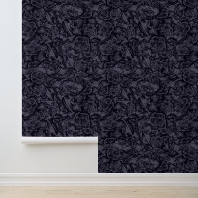 Moody Monochrome Diep Navy Blauw Bloemen Patroon Behang (Applicatie)